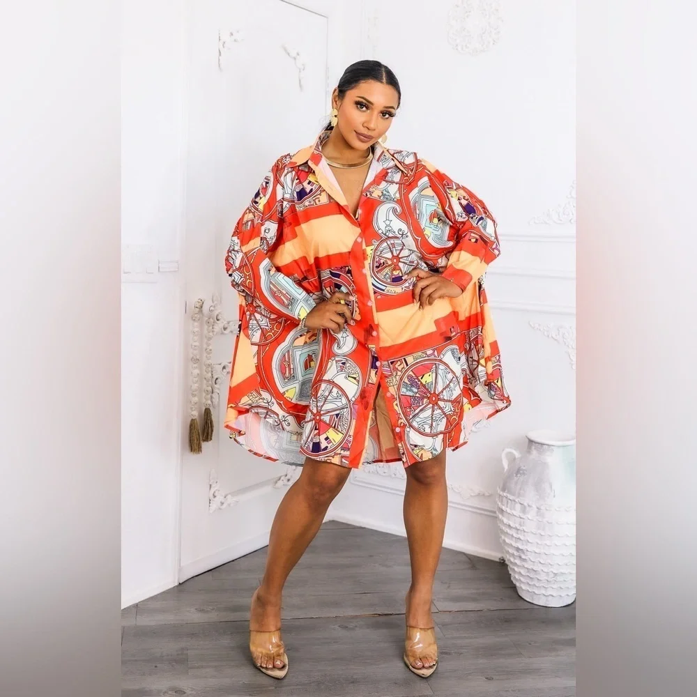 Vibrant Orange and Blue Patterned Shirt Dress - Picture 2 of 2